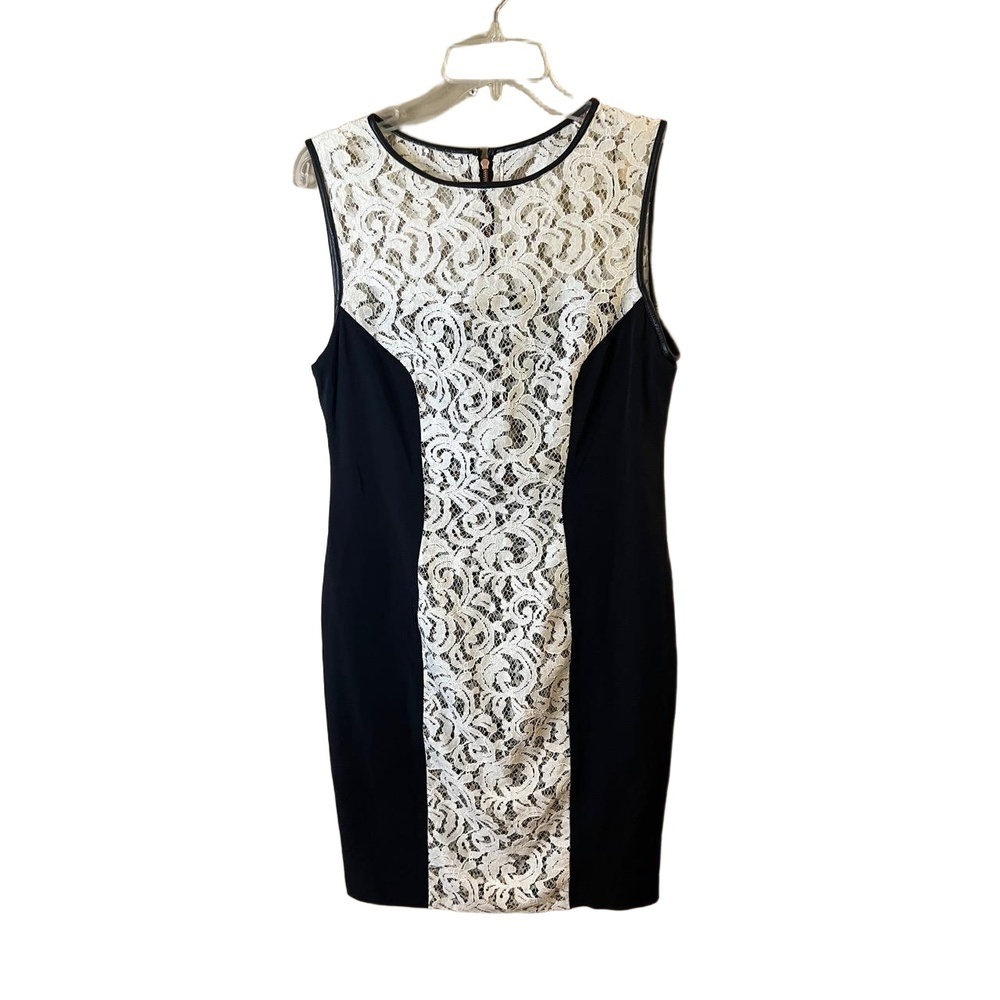 Basler Black And White Lace Front Panel Knee Length Sleeveless Sheath Dress 40